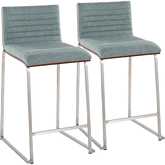 Mason Mara 26" Counter Stool in Stainless Steel, Walnut Wood & Green Fabric (Set of 2)